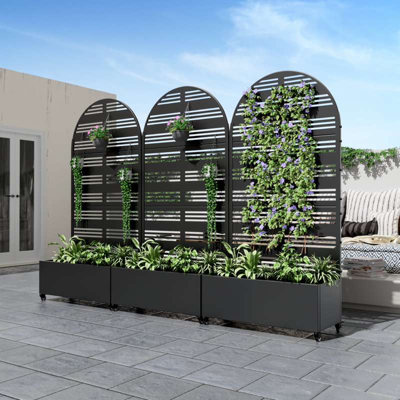 Arch Metal Planter Box with Trellis with Wheels, 72" H x 35" W x 16" D