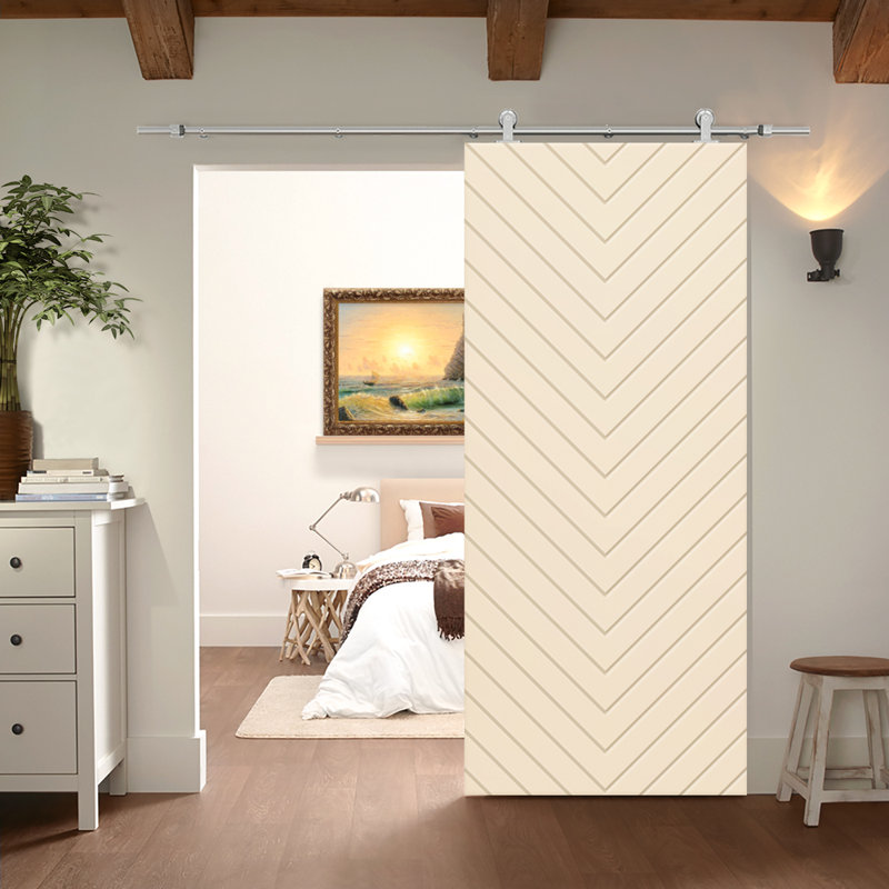 Porte de grange à panneaux et en bois manufacturé avec quincaillerie d'installation, Beige, 24 po x 80 po