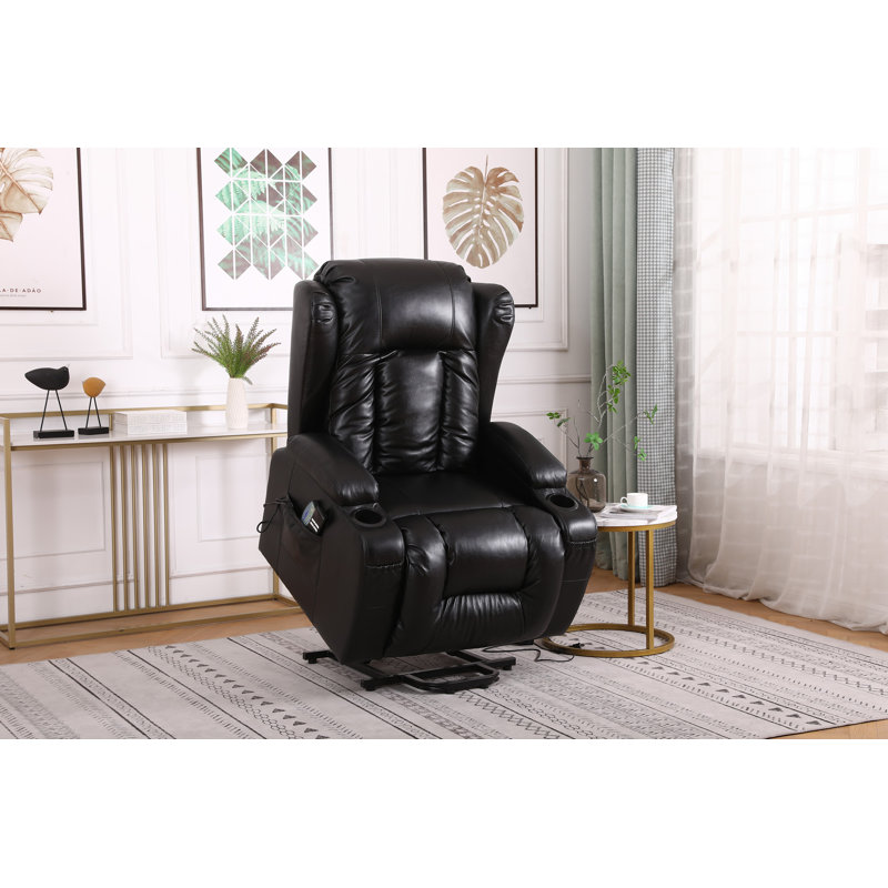 Convery Faux Leather Heated Massage Chair, Black Leather Match