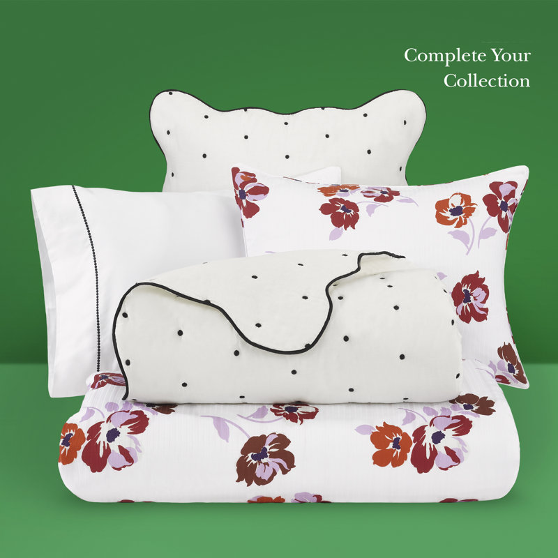 kate spade new york Fall Poppies Twin Comforter Set, 100% Cotton, All Season 2 Piece Reversible Bedding Set, White and Garnet