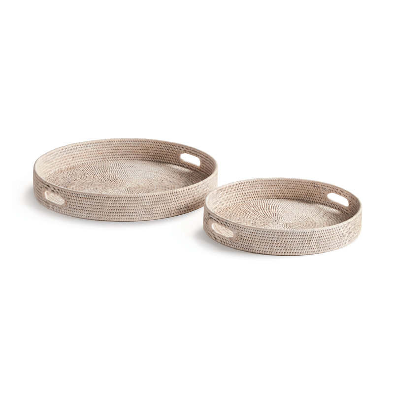 Rattan Tray - Set of 2, 3.25" H x 22" W x 22" D, White Washed