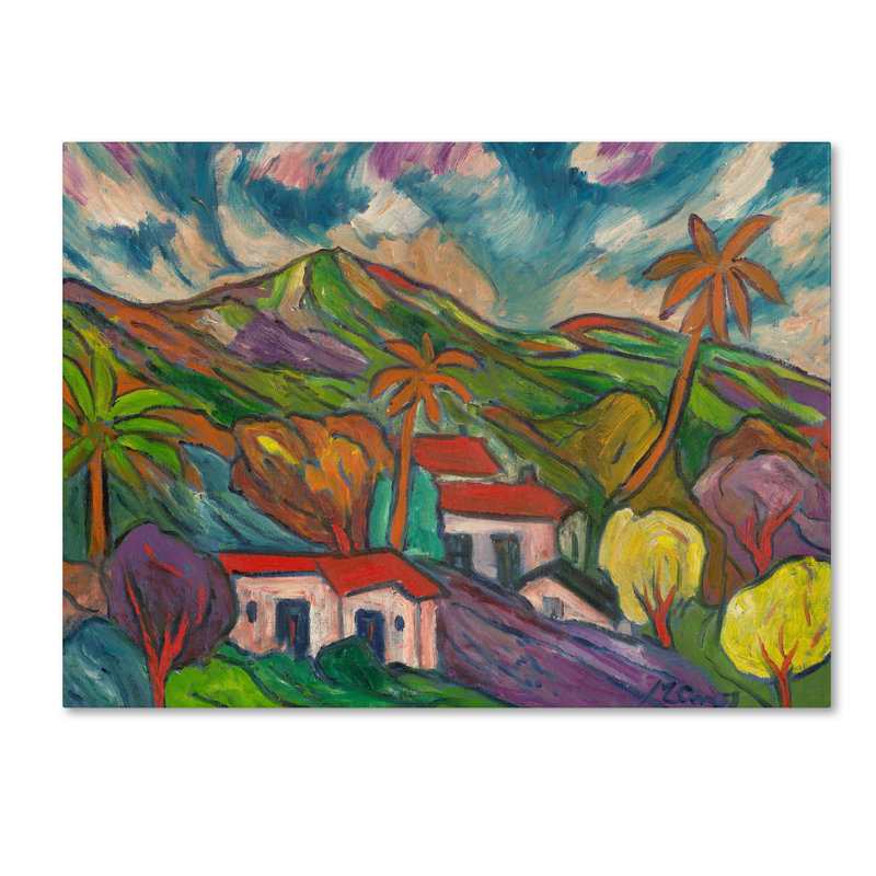 «Tropical Valley with Three Palms» par Manor Shadian - reproduction d'art sur toile tendue, H 14 po x l 19 po x P 2 po