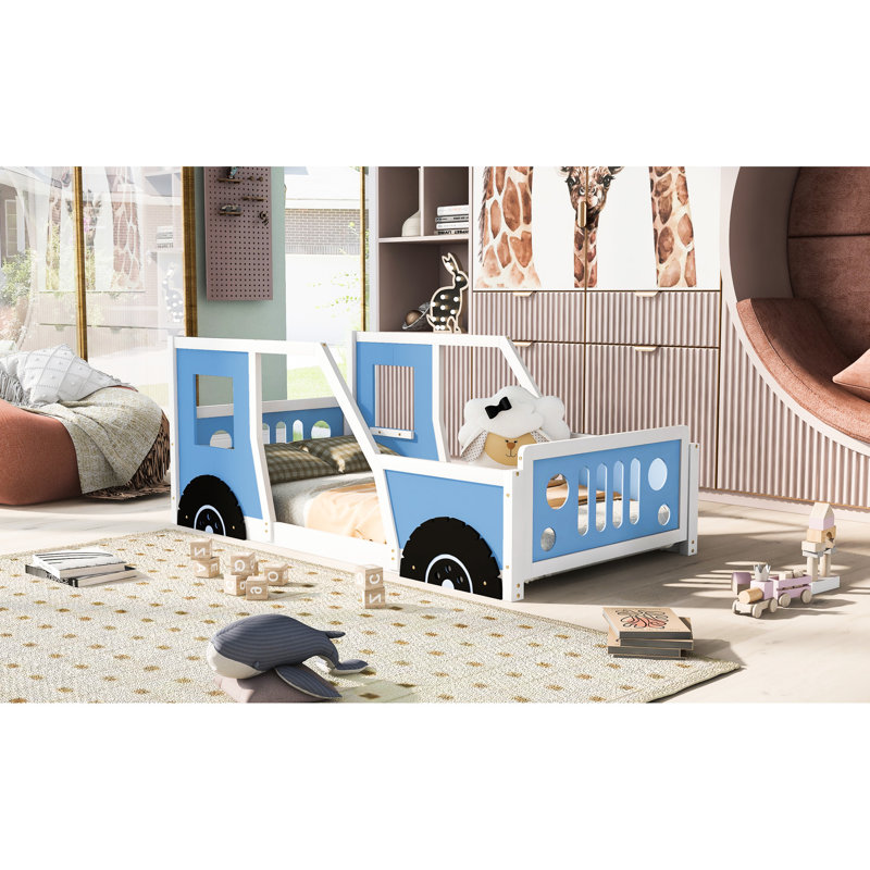 Lit simple pour voiture avec roulettes bleues - Bois de pin robuste et pour une chambre à coucher confortable, Lit simple