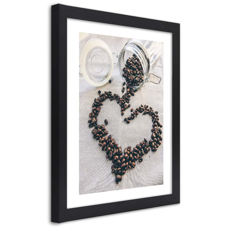 Coffee Heart Bean - Single Picture Frame Print, Black, 100cm H x 70cm W