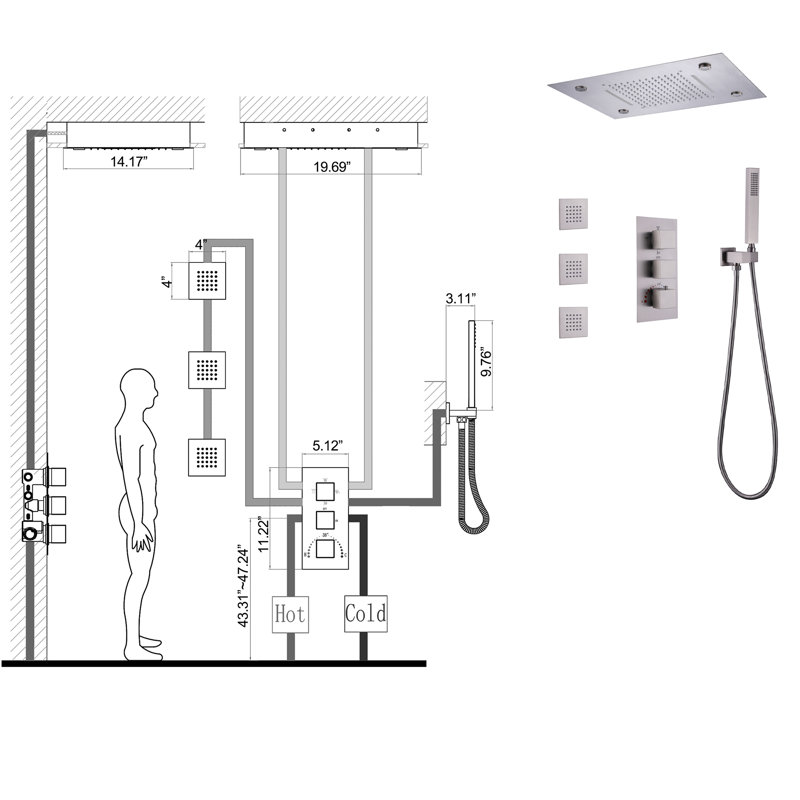 Système de douche complet pour salle de bain avec valve brute, Nickel brossé