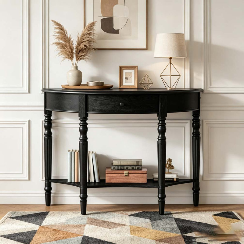 Console demi-lune avec tiroir et tablette, Noir