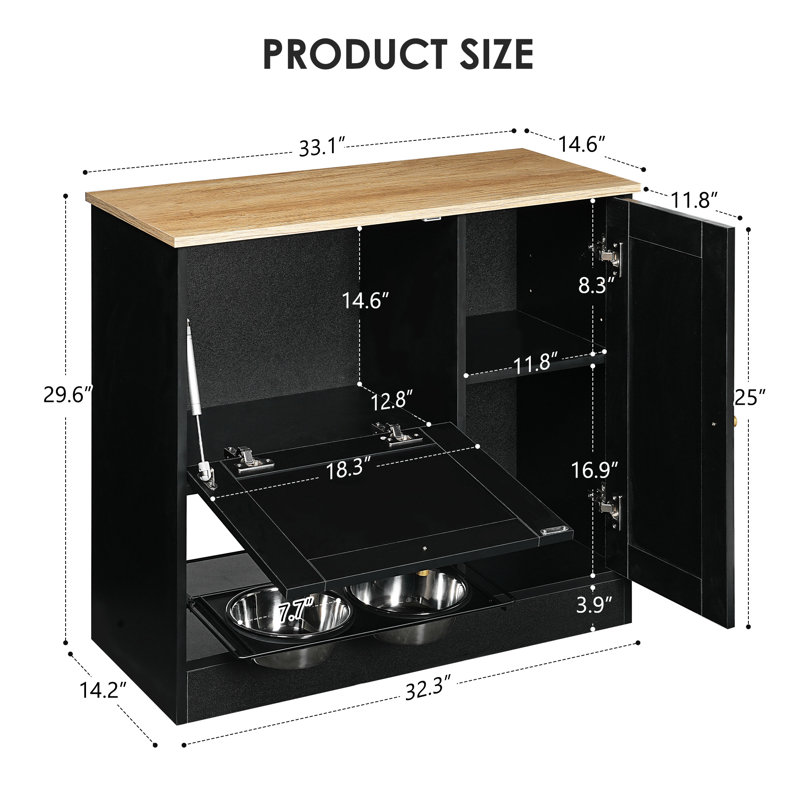 Black Rattan‑Door Pet Feeding Station with Storage, Elevated Bowls and Hooks