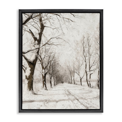 «Snowy Winter Lane», art mural encadré sur toile flottante par lettré et doublé