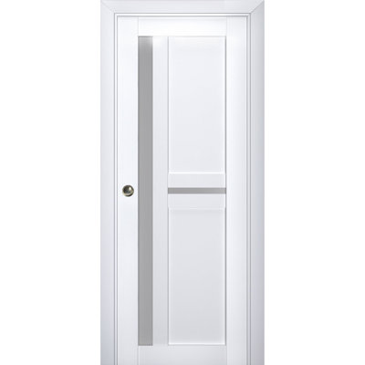 Porte coulissante à galandage avec verre dépoli Veregio 7288 Blanc Soie, ensemble de garnitures, rail et quincaillerie en bois massif pour chambre à coucher, portes robustes - 42 po x 96 po