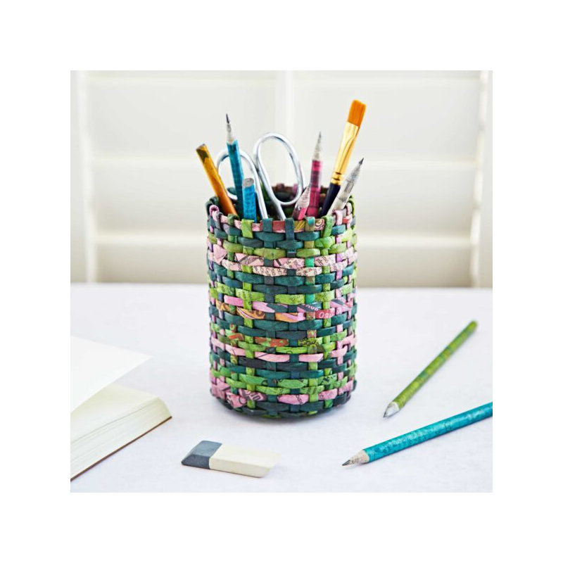 Round Recycled Newspaper Pencil Holder, Green/Lilac