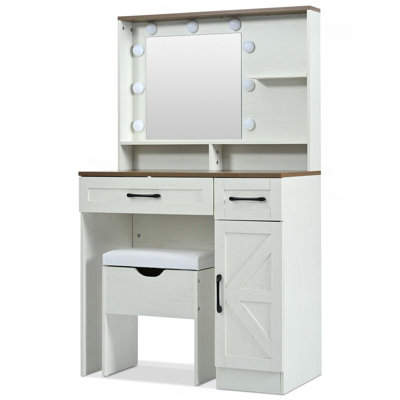 Meuble-lavabo de ferme avec miroir et lumières, 3 modes d'éclairage, ensemble de coiffeuse avec tabouret, coiffeuse avec tablettes réglables, 2 tiroirs et armoire latérale pour la chambre à coucher