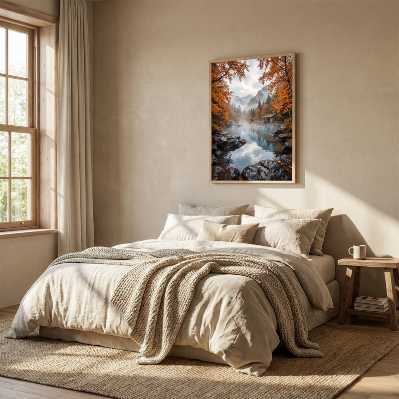«Misty Autumn River Reflection in Rocky Forest», art mural sur toile, H 48 po x l 32 po