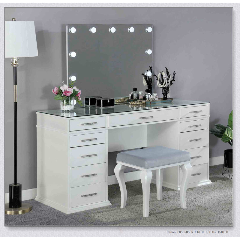 Glam Style Vanity Set With Padded Stool, 8Mm Glass Top, Storage Drawers, And LED Mirror For Luminous Bedroom Decor