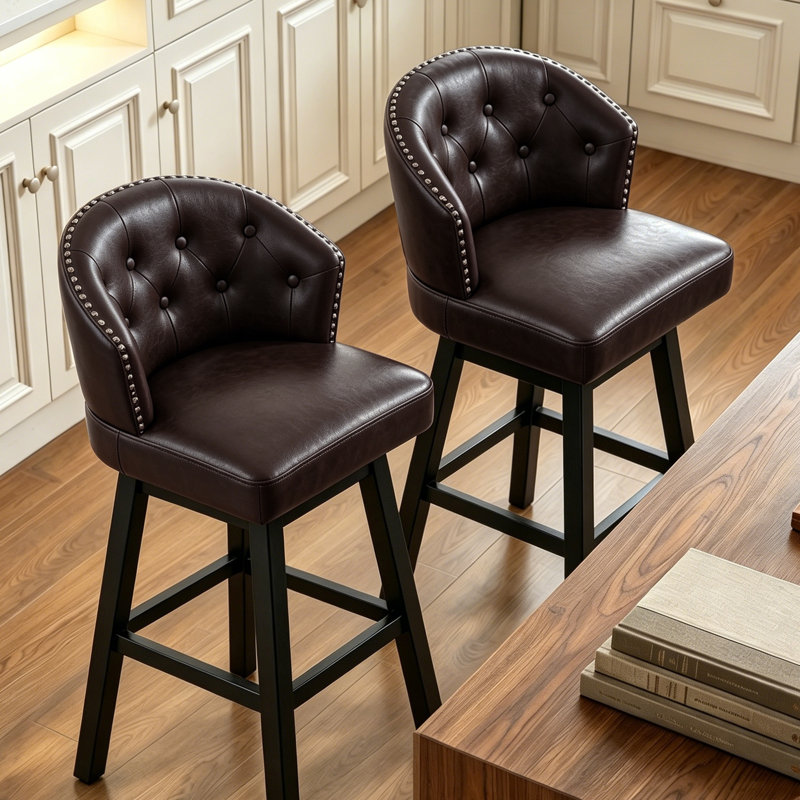 Aadhvika Upholstered BarStools with Solid Wood Frame, Bar Stool (28" Seat Height), Brown/Faux Leather