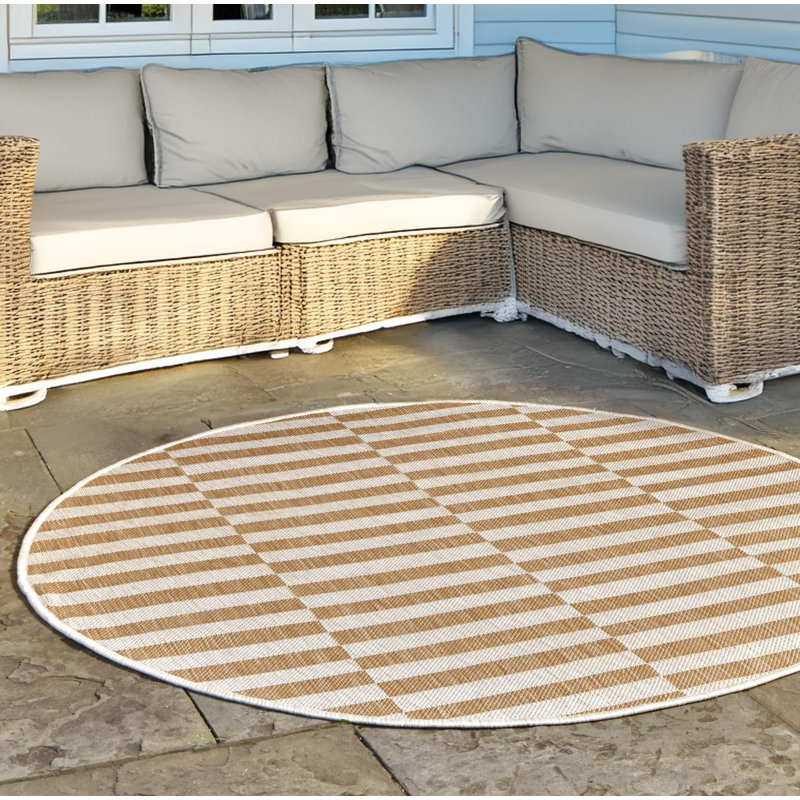 Robinson Striped Indoor / Outdoor Area Rug in Taupe/Ivory, Round 6'1"