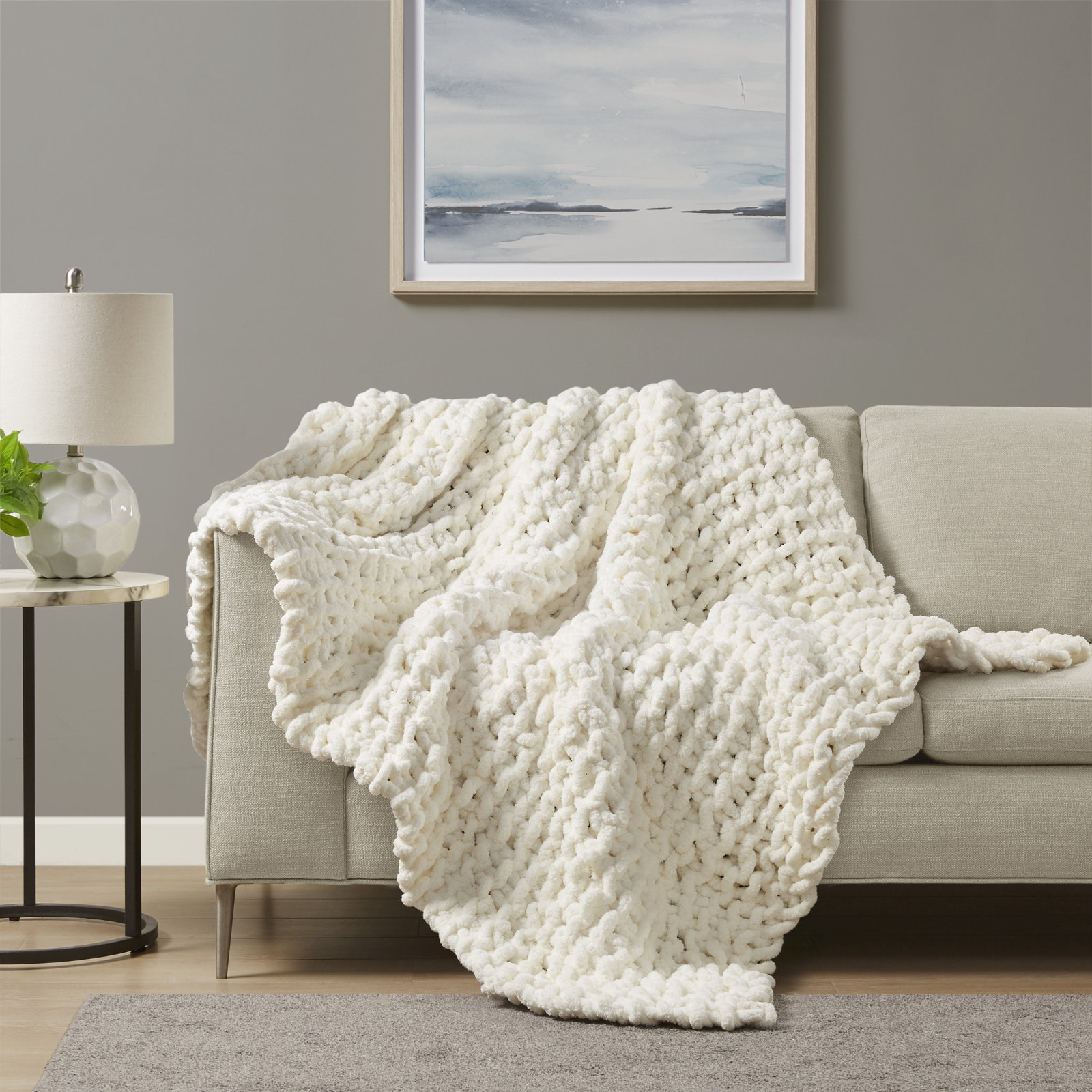 Chenille Chunky Knit Throw Blanket, Ivory