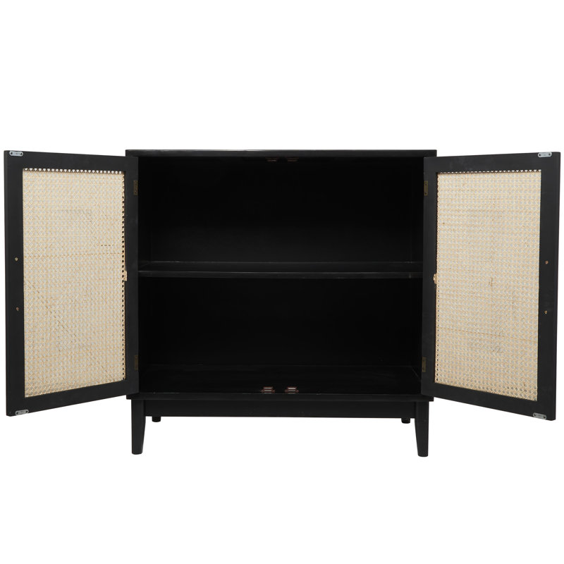 Wood 1 Shelf and 2 Door Room Cabinet with Cane Front Doors and Gold Handles, Black