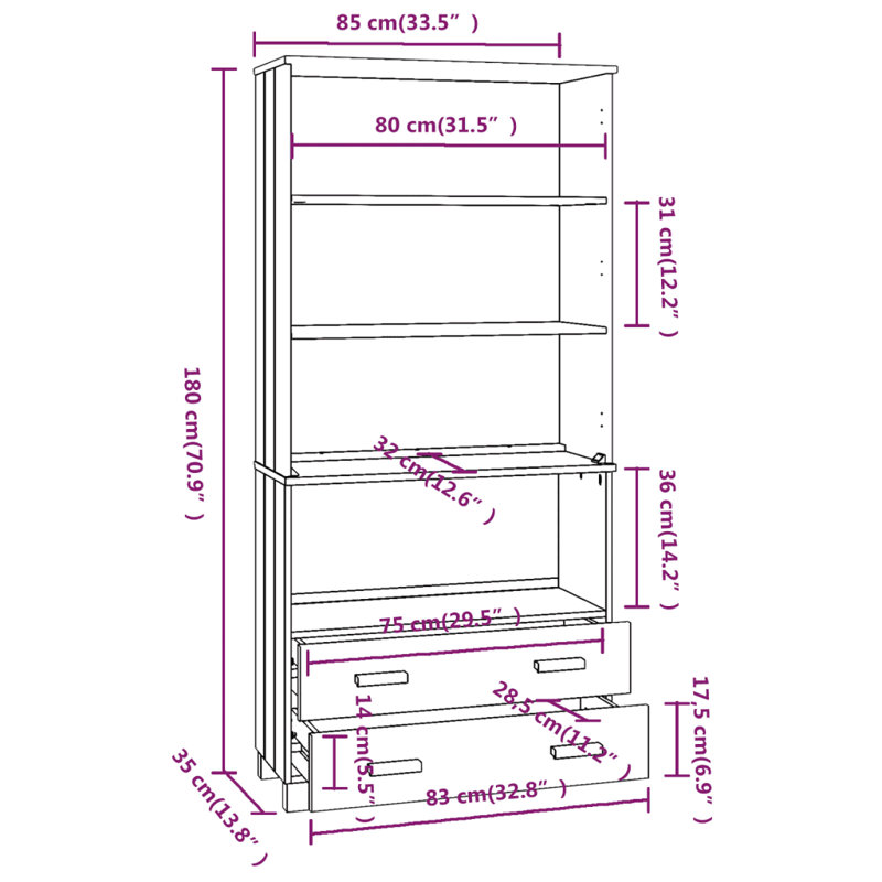 Highboard "HAMAR" Solid Wood Pine, Honey Brown