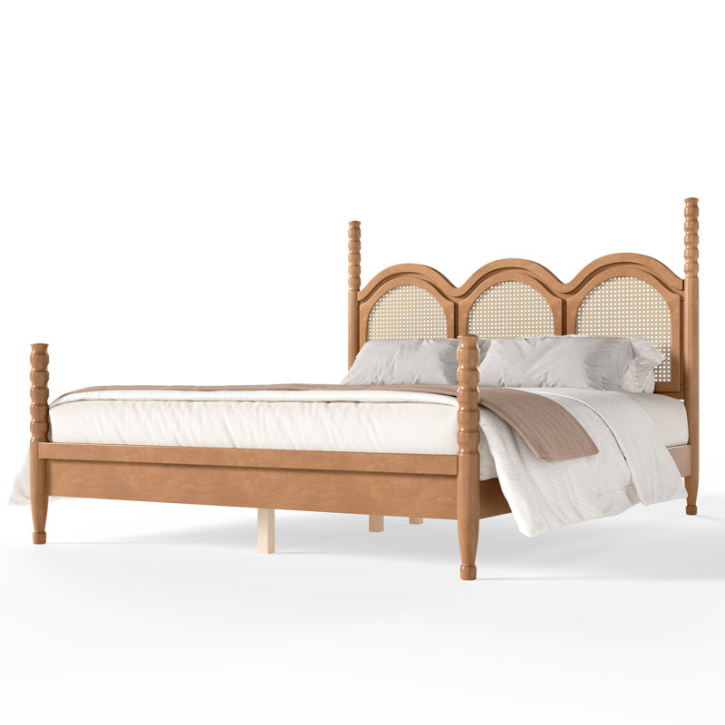 Lit plateforme Queen Size avec tête de lit arquée en osier, cadre de lit en bois, lit à baldaquin pour chambre à coucher, naturel