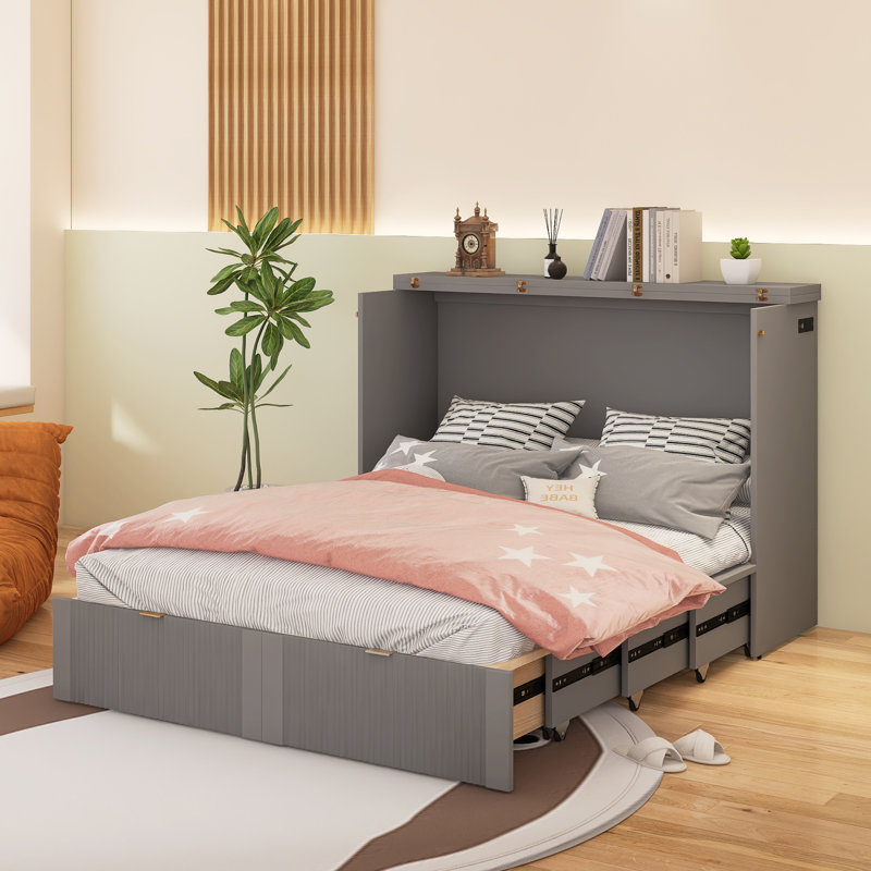 Lit escamotable double avec tiroir et un ensemble de prises et ports USB, Gris, Double