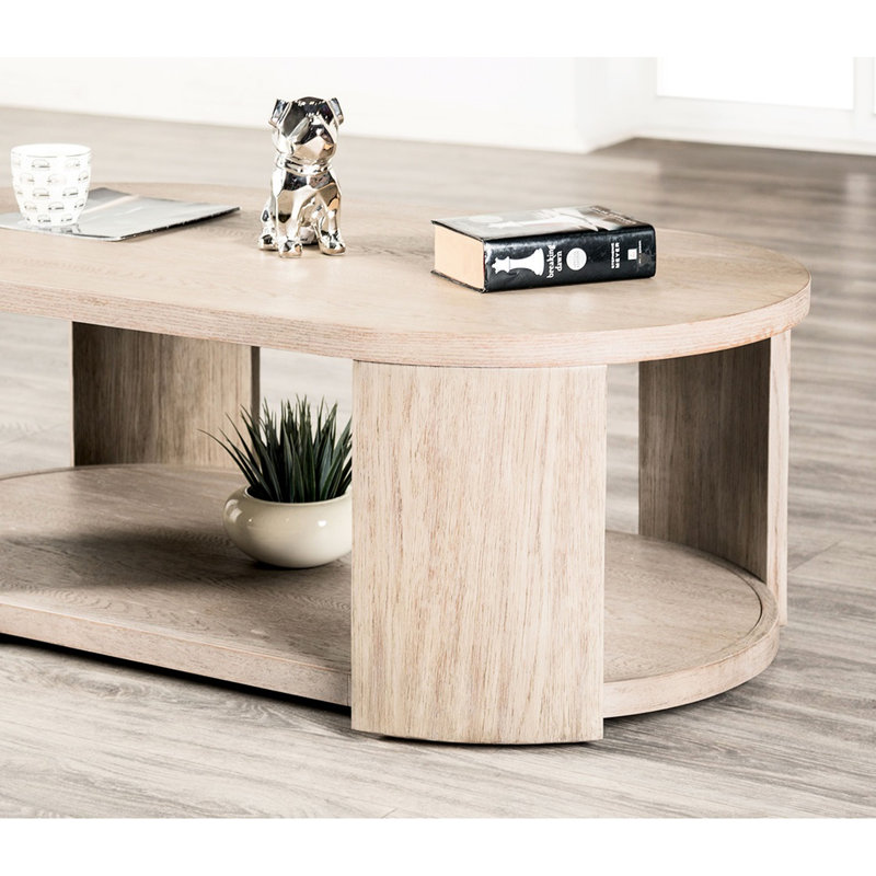 Table basse ovale moderne, en bois d'ingénierie, fini chêne, 71 cm de largeur, rangement ouvert, design monobloc, placage, 127 cm de largeur, structure en bois d'hévéa