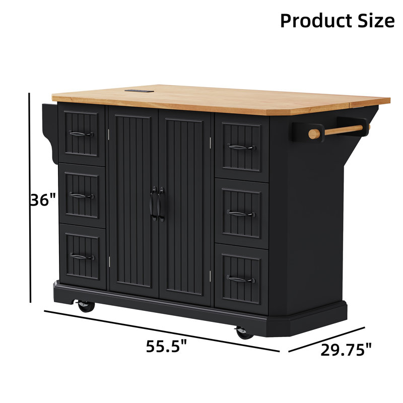 56-Inch Kitchen Island With Rubberwood Veneer Folding Panel, Electrical Outlet, 4 Door Shelves, Embossed Vertical Stripe Rolling Kitchen Cart