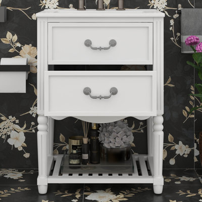 Meuble-lavabo de 24 po avec lavabo en céramique, meuble-lavabo autoportant de style français avec 2 tiroirs de rangement et tablette inférieure