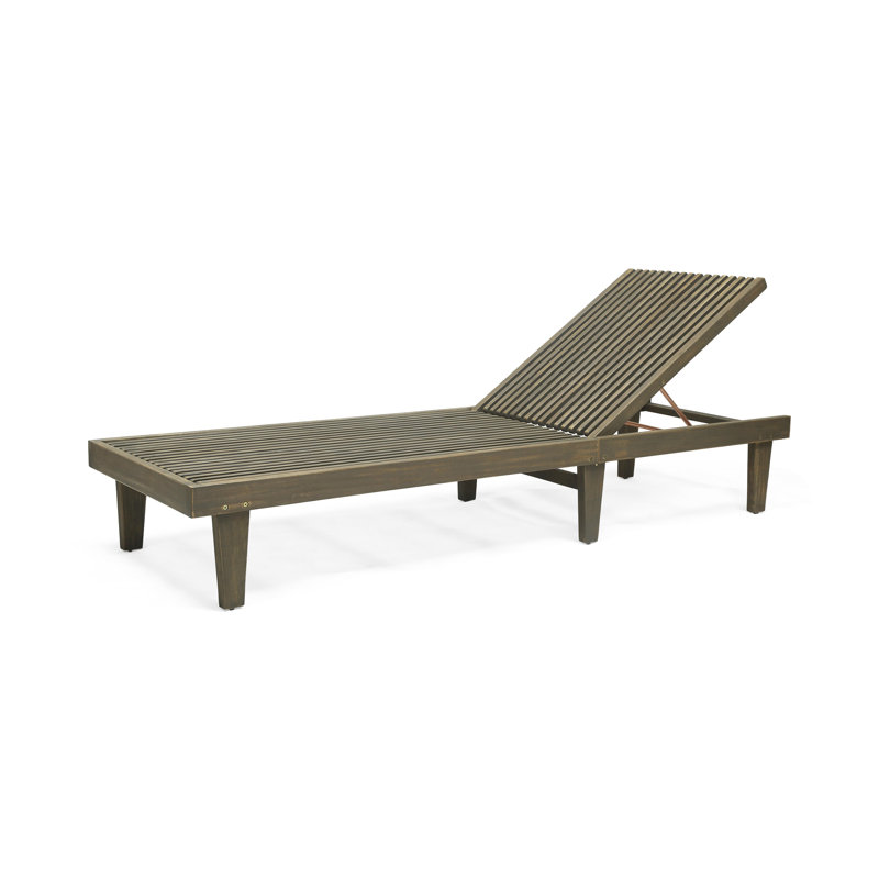 Pina Outdoor Chaise Lounger, 79 Inch, Dark Gray Slatted Acacia Wood, Gray