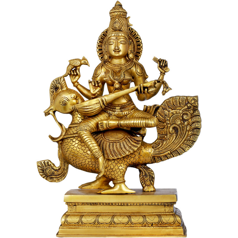 Figurine Sarasvati «The Enchanting Devi Sarasvati» assis sur son paon