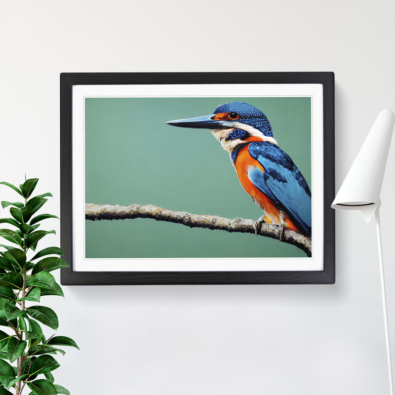 Head Turning Kingfisher Bird 1 Piece Single Picture Frame Wall Art, 46cm H x 64cm W, Black