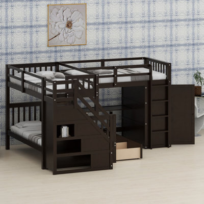L-Shaped Bunk Bed With Integrated Drawers, Movable Desk, And Built-In Wardrobe