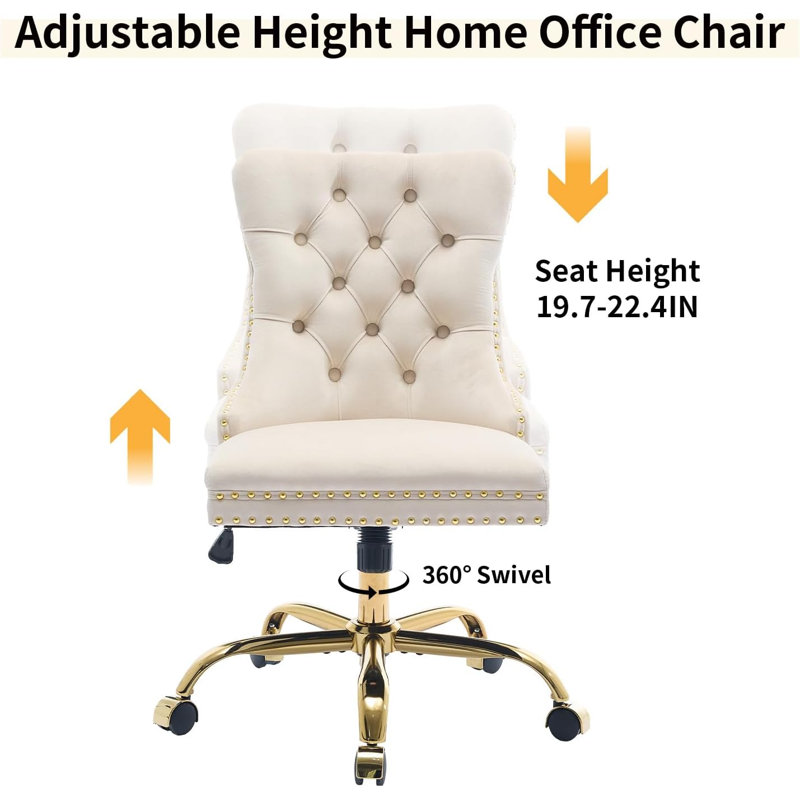 Fauteuil de bureau moderne en velours capitonné avec piètement en métal doré, fauteuil de bureau pivotant et réglable (beige)