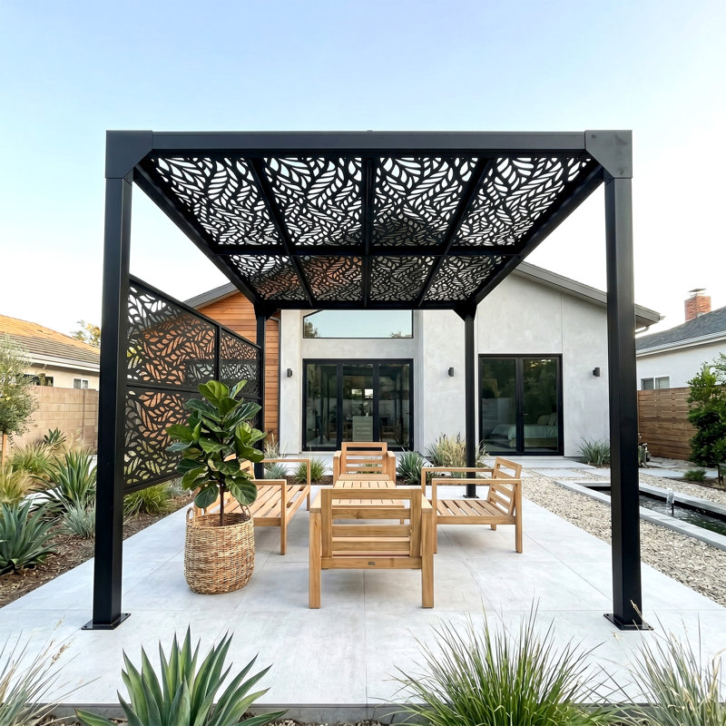 9,8 x 7,9 pi Pergola d'extérieur en métal découpé au laser avec structure en acier thermolaqué, écran d'intimité compatible avec un patio extérieur