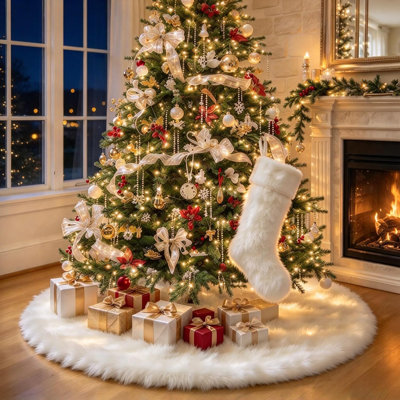 Jupe de sapin de Noël en fausse fourrure avec chaussette en peluche, tapis de sapin moelleux, décoration de Noël hivernale et chaleureuse