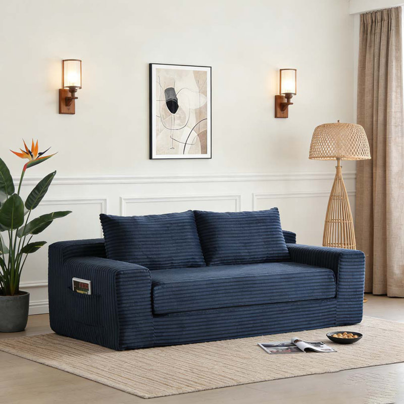 2 in 1 Convertible Folding Couch Bed,Memory Foam Cloud Loveseat Sofa, Blue