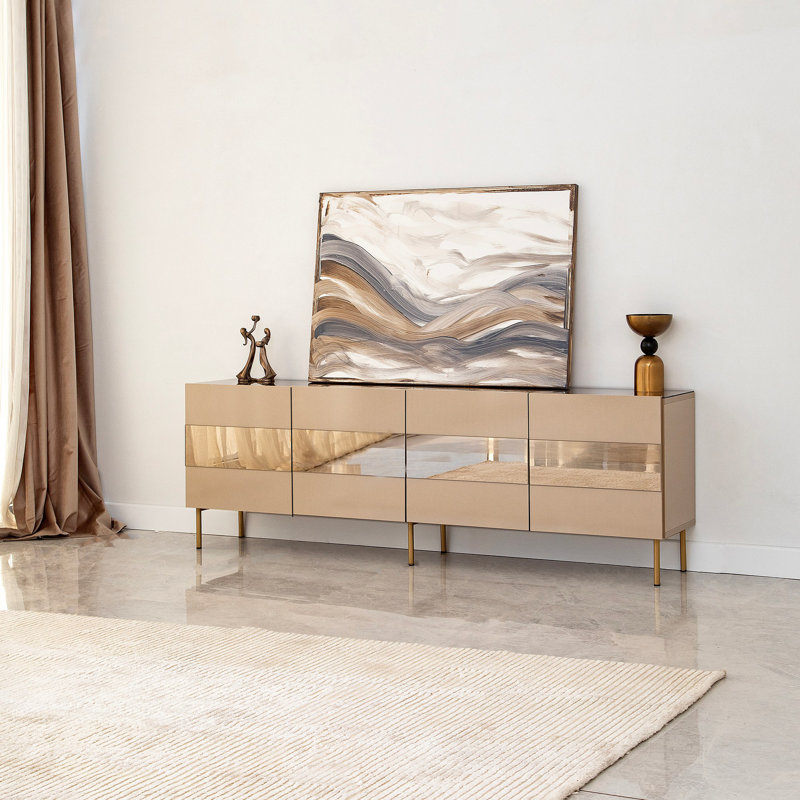 Meuble télé Modern Glam, bronze et or, 70,9 x 23,2 x 13,8 pouces | 100% panneau de fibres à densité moyenne, épaisseur: 0,7 pouce | Solution de rangement élégante avec pieds d'une hauteur de 15,0 pouces | Parfait pour le salon ou l'espace de divertissement