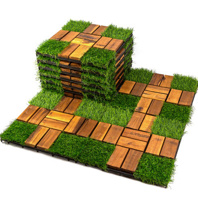 10 Pack 12"x12" Acacia Wood Deck Tiles With Artificial Grass | Indoor & Outdoor Interlocking Tiles For Patio, Garden, Entryway, Kitchen & Landscape Edging