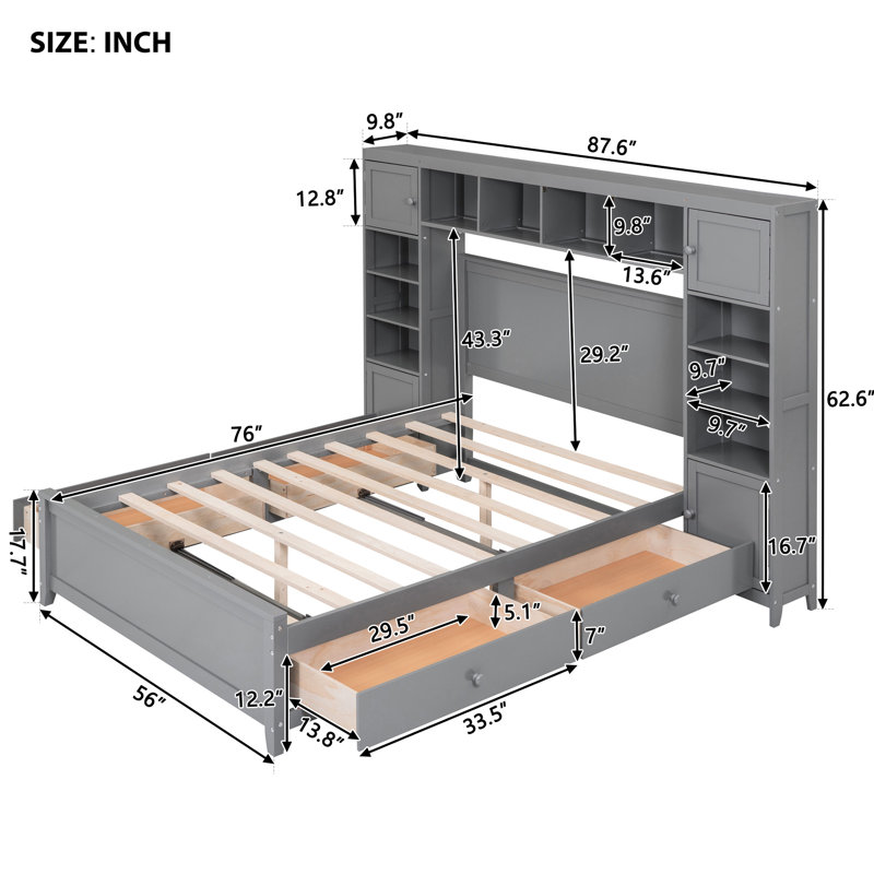 Lit double avec une armoire et une tablette dans les tons de gris - rehausse le décor de la chambre à coucher en bois et le design