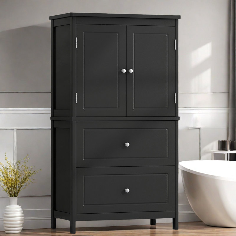 Bathroom Storage Cabinet With Two Doors, 2 Drawers And Adjustable Shelf, Black