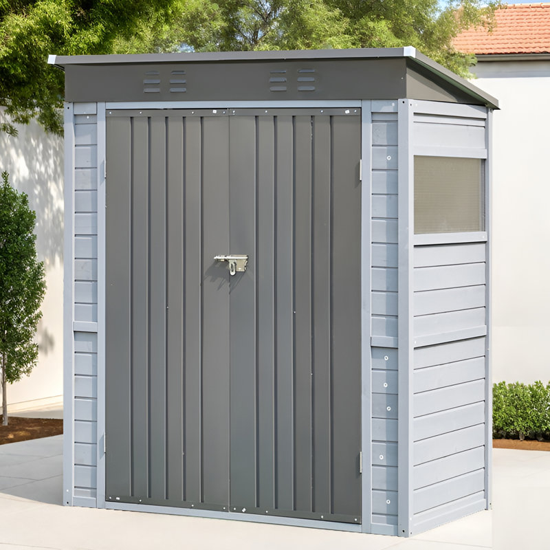 Outdoor Iron & Solid Wood Tool Storage Shed With Two Doors And Windows For Garden, Patio, Backyard