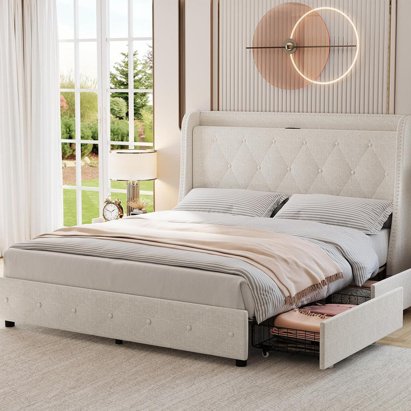 Base de lit de luxe avec rangement - tête de lit à oreilles avec station de charge, 4 tiroirs, sans sommier, Lit double