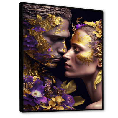 «Loureux Couple Kissing Floral Design I», art mural traditionnel sur toile
