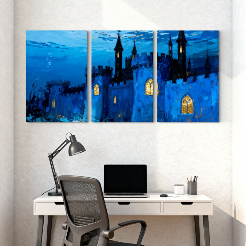 Ensemble de 3 impressions sur toile Blue Castle Night Sky Reflection Lights Tower, H 30 po x l 60 po