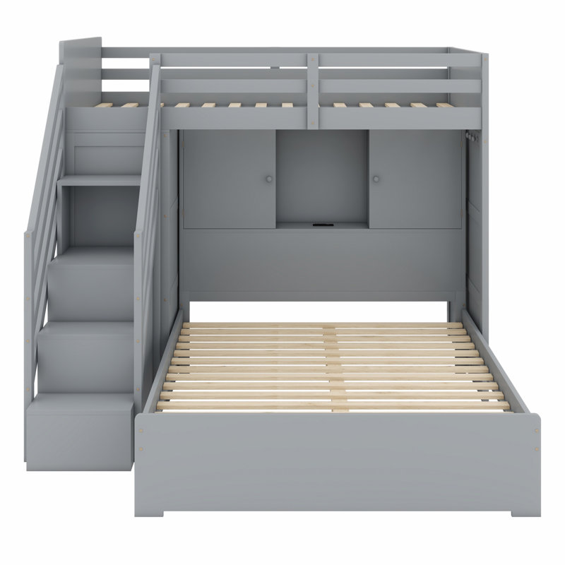 Kids Bunk Bed with Storage Stairs, Wardrobe, USB and LED Light for Bedroom, Gray