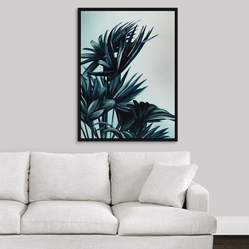 « tropical palms v », peinture sur toile, H 41,7 po x l 31,7 po x p 1,75 po, Cadre flottant noir