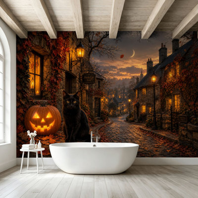 Peel and Stick Wallpaper Wall Mural Halloween Pumpkin Black Cat Autumn Village Street Lantern Light Night Wall Art Self Adhesive and Removable