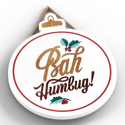 Xmas Bah Humbug Holly Wooden Bauble Plaque
