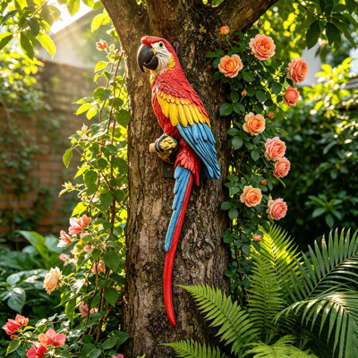 Statue de perroquet Ara écarlate suspendu, figurine d'oiseau en résine peinte à la main réaliste de 38 po pour porche, balcon, arbre et patio, décoration de jardin mignon