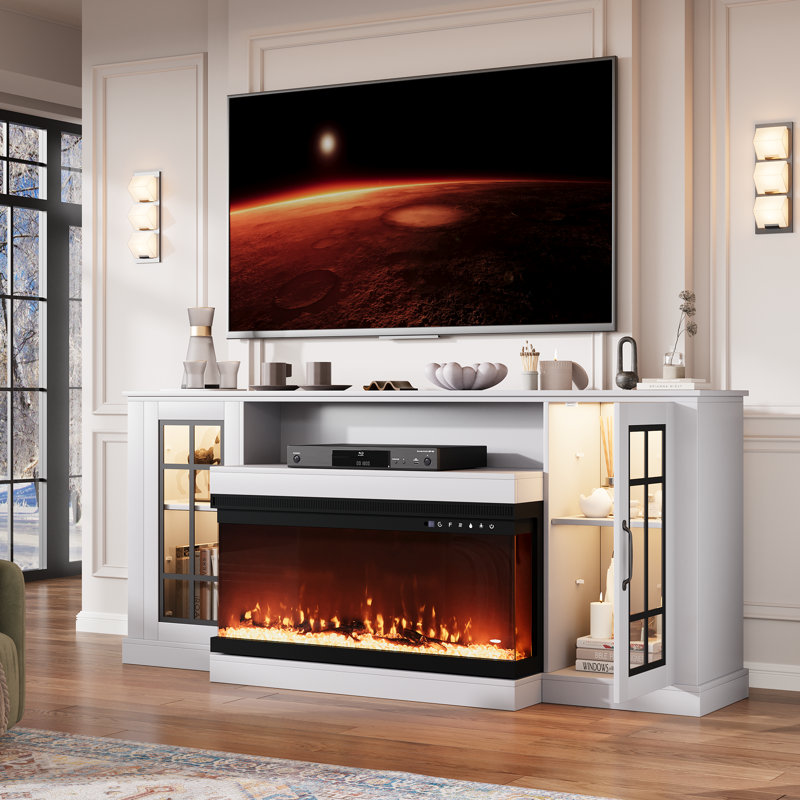 Meuble télé pour téléviseur de 65 po ou moins avec foyer, Blanc
