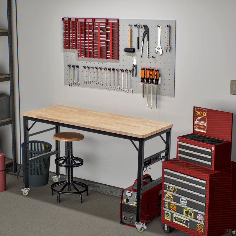 Établi réglable de 60 po pour le garage, poste de travail robuste en bois d'hévéa avec prises de courant et roues, table de travail en bois franc d'une capacité de charge de 2 000 lb pour atelier, garage, bureau, maison, commercial
